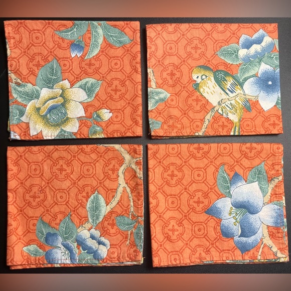 4‎ Vintage Chinoiserie Botanical Cloth Dinner Napkins Handmade Orange Blue Green - Picture 1 of 9